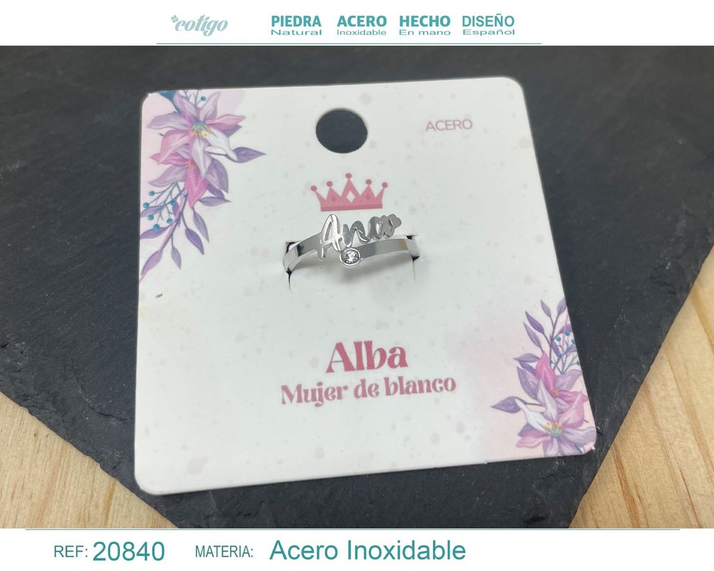Anillo de acero con nombre "Alba" color plateado - Anillos personalizados