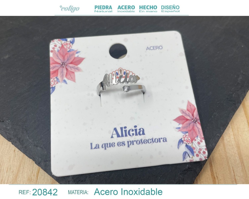 Anillo de acero con nombre "Alicia" color plateado - Anillos personalizados