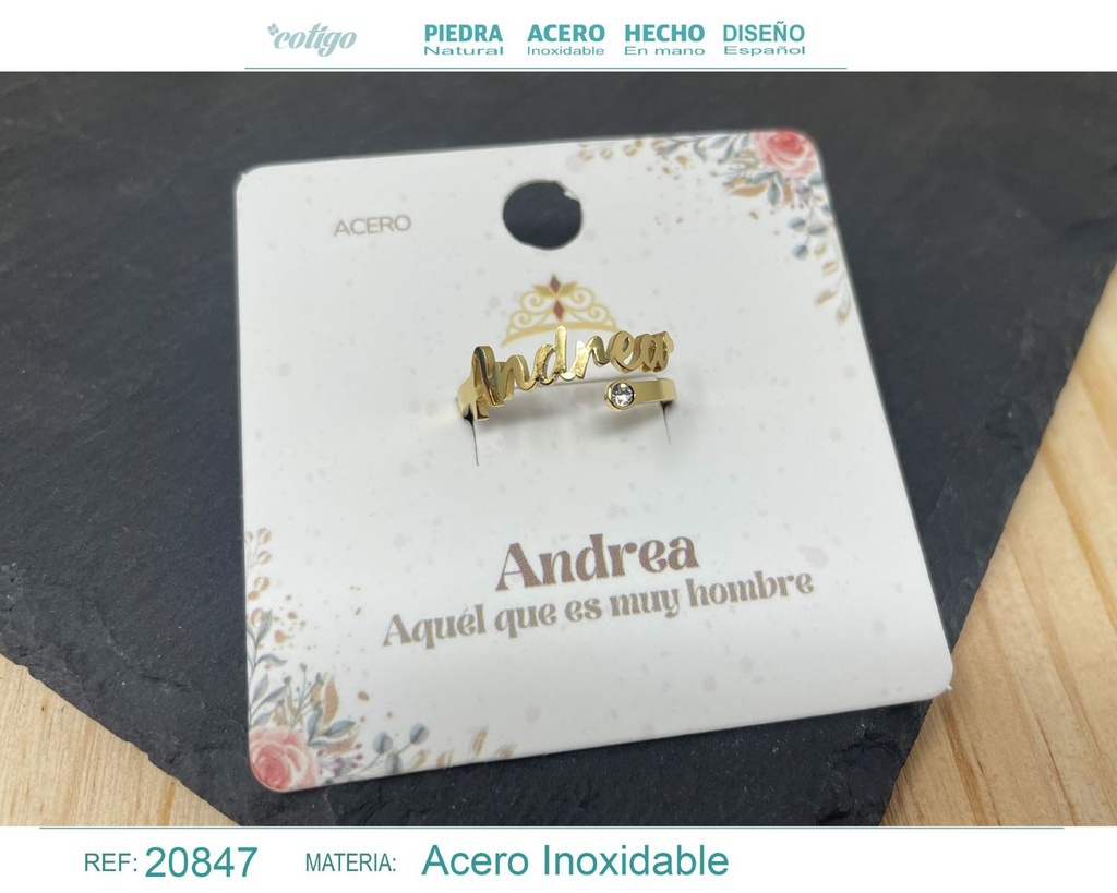 Anillo de acero con nombre "Andrea" color dorado - Anillos personalizados