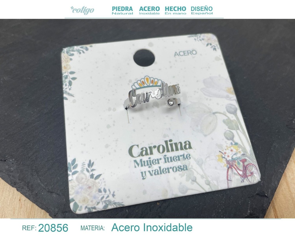 Anillo de acero con nombre "Carolina" color plateado - Anillos personalizados