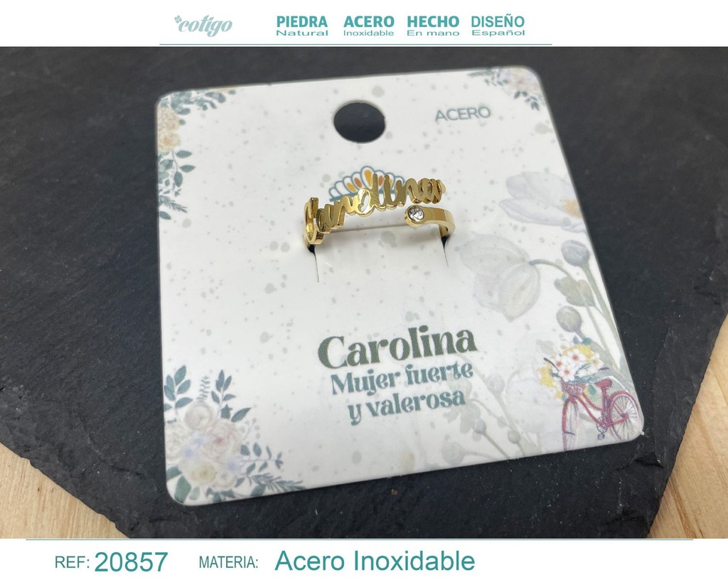 Anillo de acero con nombre "Carolina" color dorado - Anillos personalizados