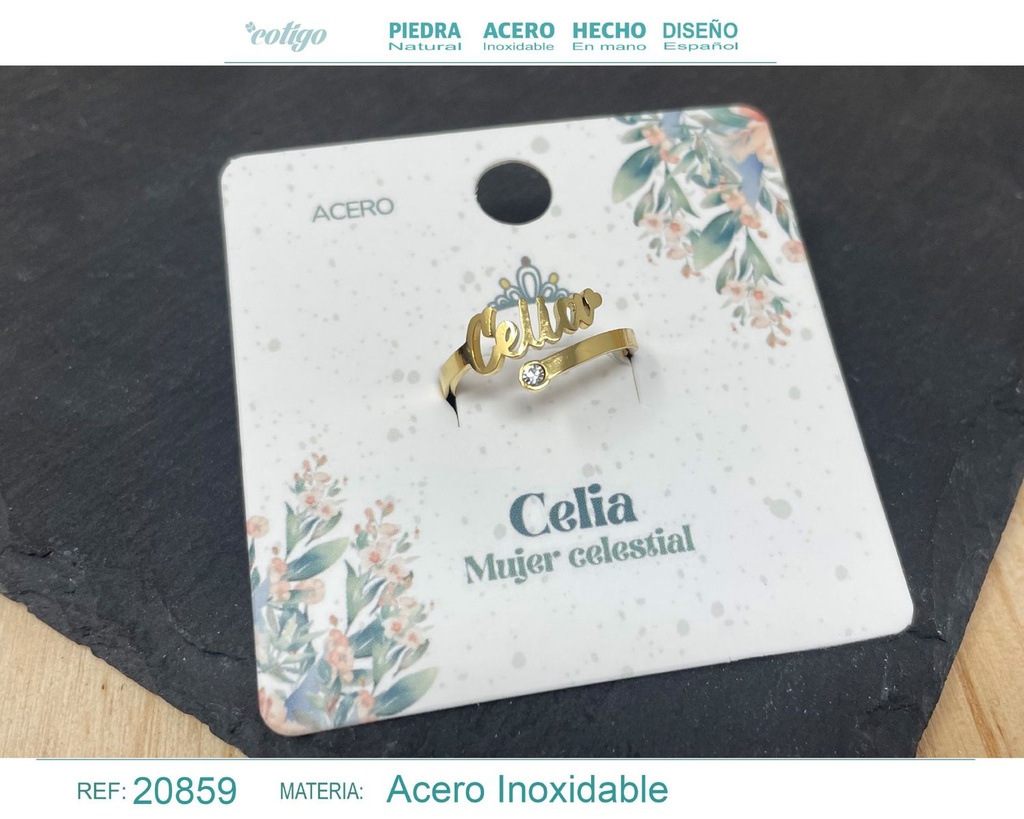 Anillo de acero con nombre "Celia" color dorado - Anillos personalizados