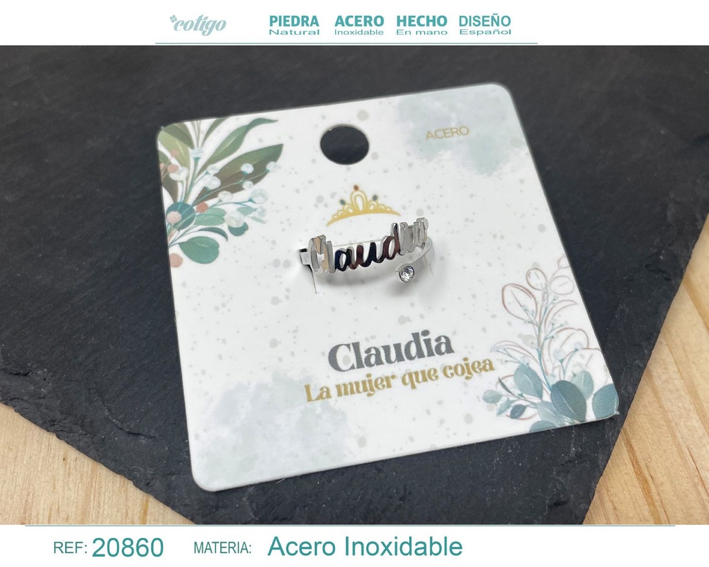 Anillo de acero con nombre "Claudia" color plateado - Anillos personalizados