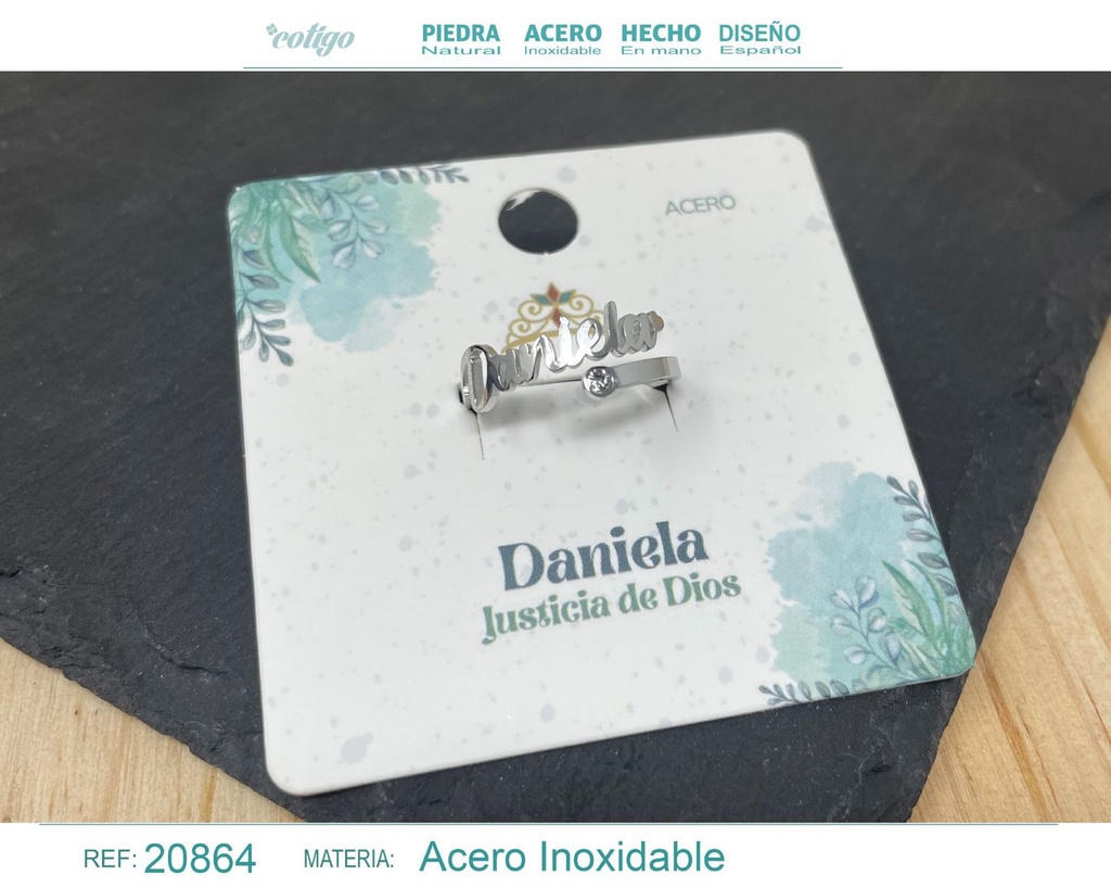 Anillo de acero con nombre "Daniela" color plateado - Anillos personalizados