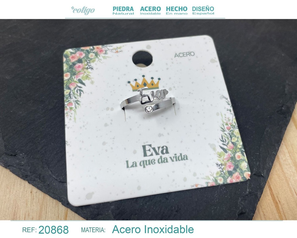 Anillo de acero con nombre "Eva" color plateado - Anillos personalizados