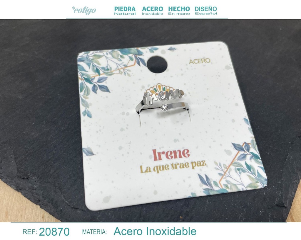 Anillo de acero con nombre "Irene" color plateado - Anillos personalizados