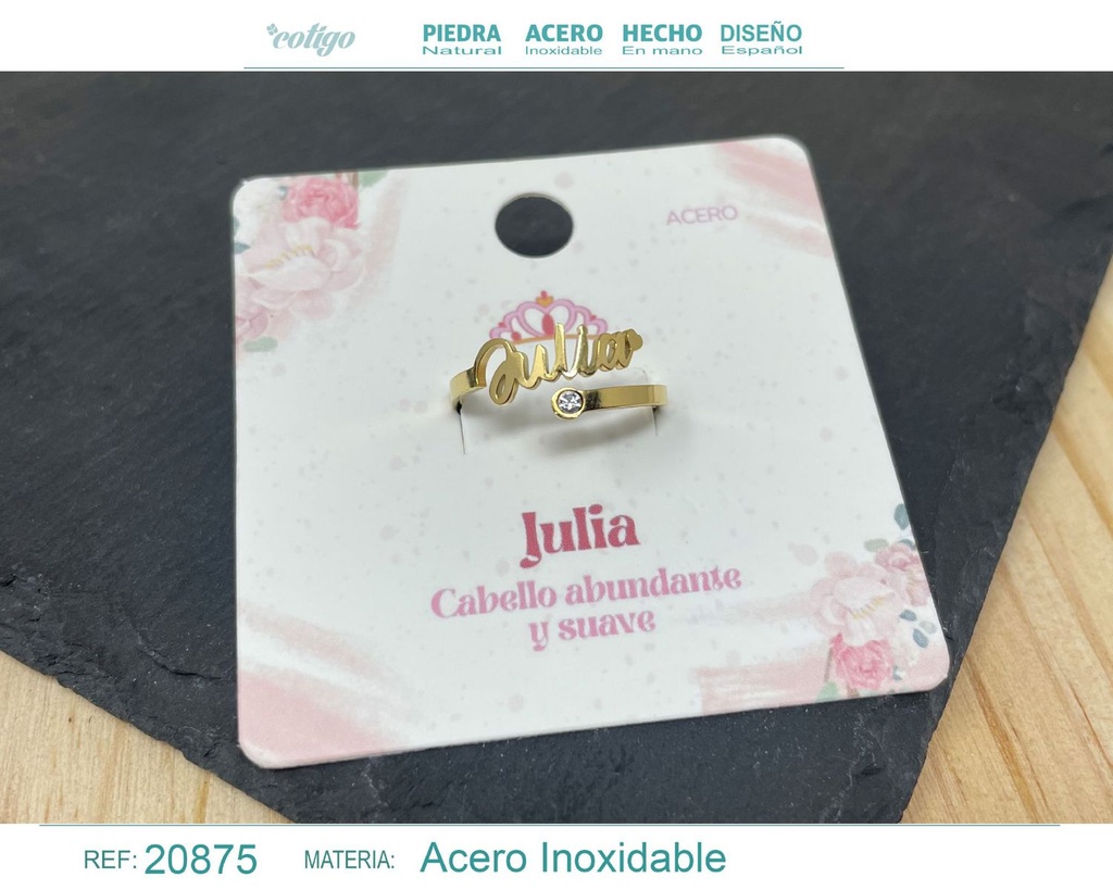 Anillo de acero con nombre "Julia" color dorado - Anillos personalizados