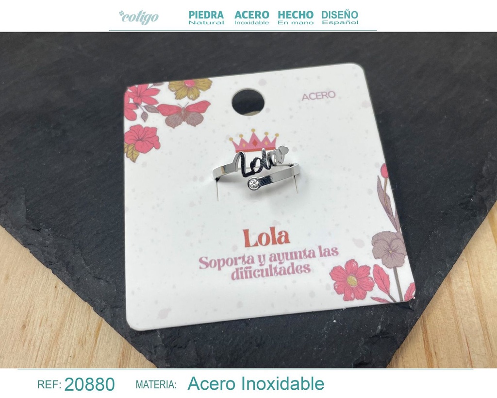 Anillo de acero con nombre "Lola" color plateado - Anillos personalizados