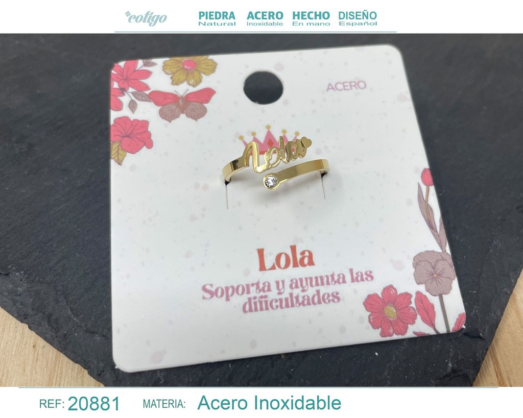 Anillo de acero con nombre "Lola" color dorado - Anillos personalizados