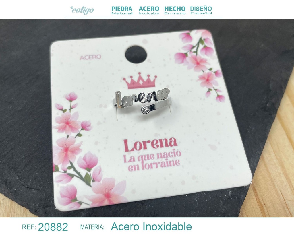 Anillo de acero con nombre "Lorena" color plateado - Anillos personalizados