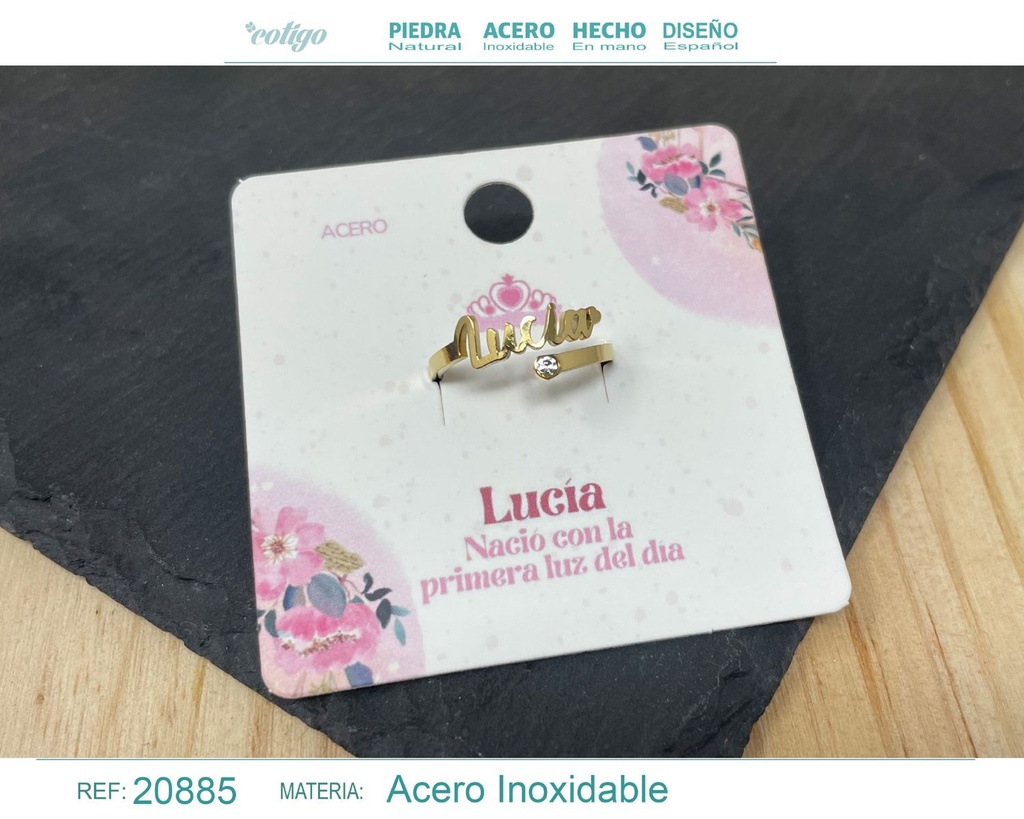 Anillo de acero con nombre "Lucía" color dorado - Anillos personalizados