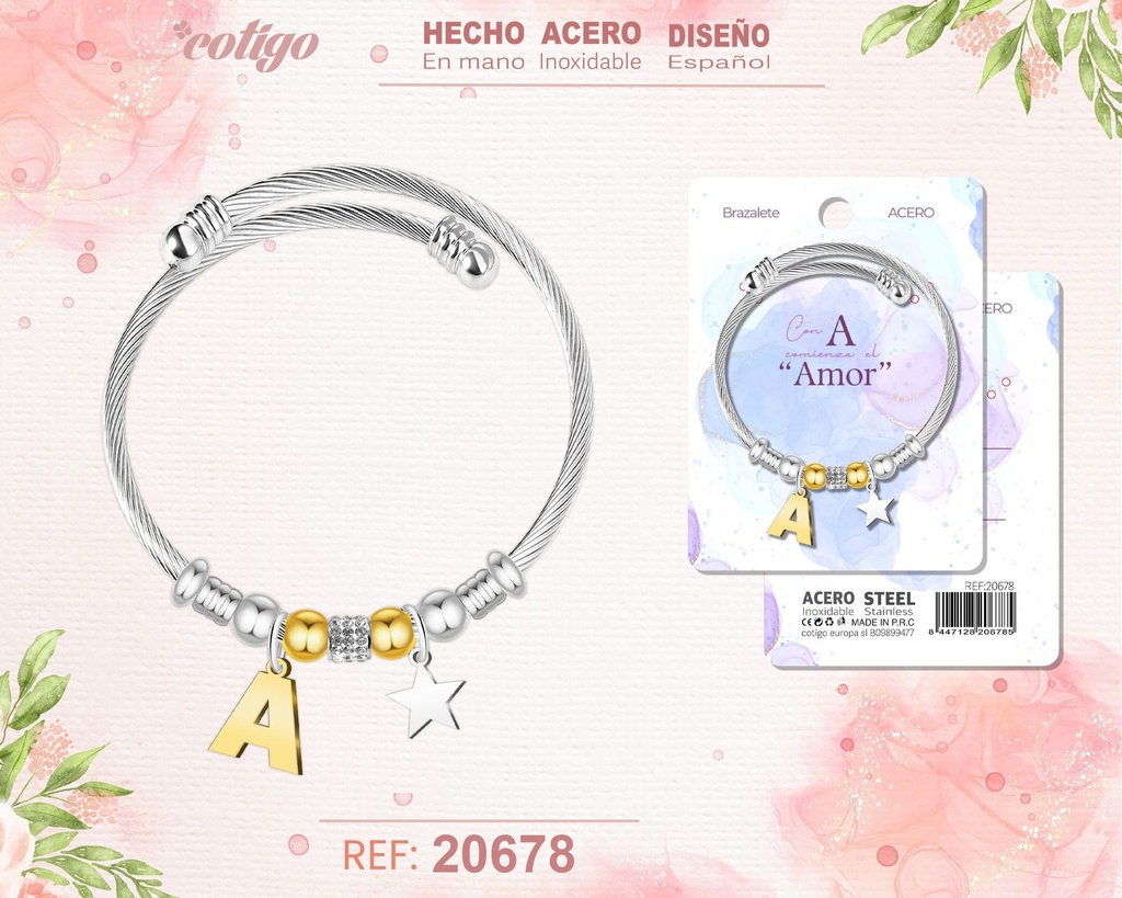 Brazalete de acero con letra A - Joyería y accesorios