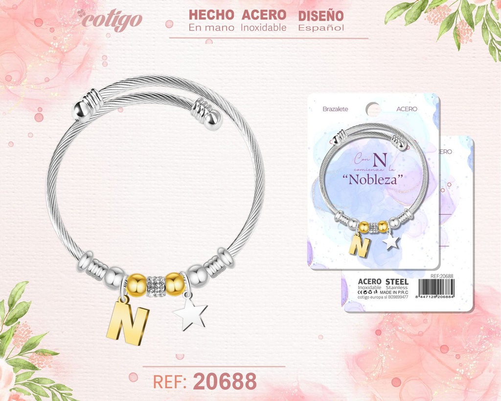 Brazalete de acero con letra N - Joyería personalizada moderna