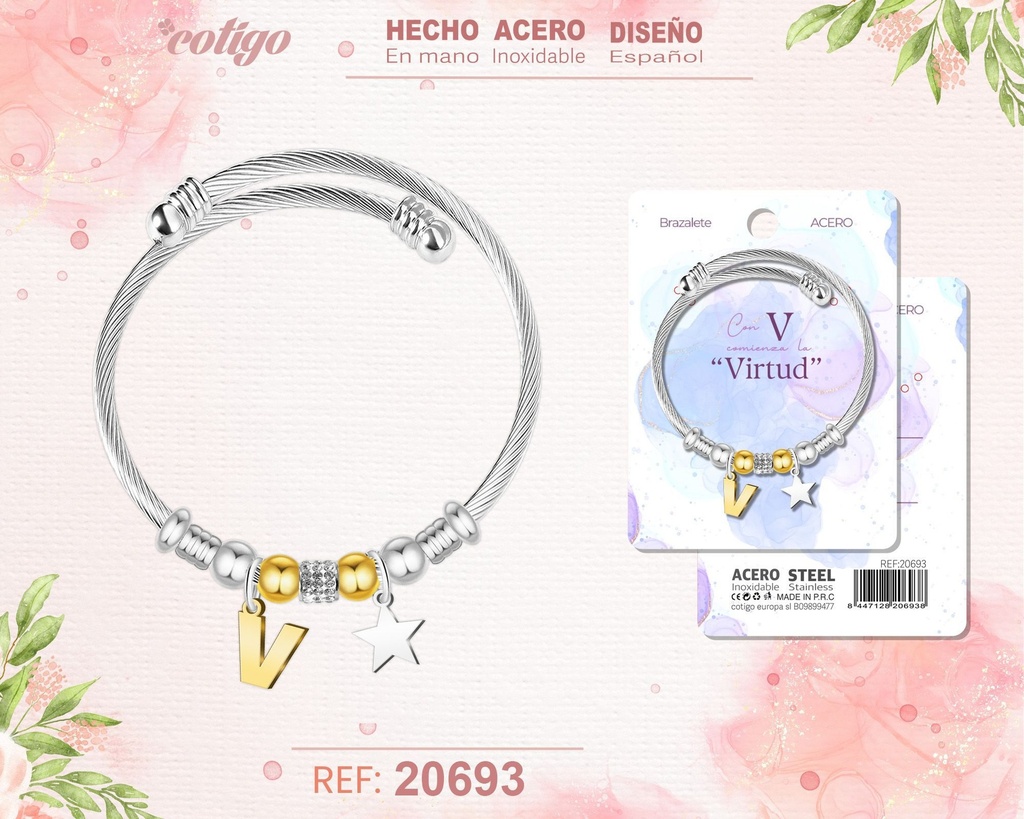 Brazalete de acero con letra V - Joyería y accesorios