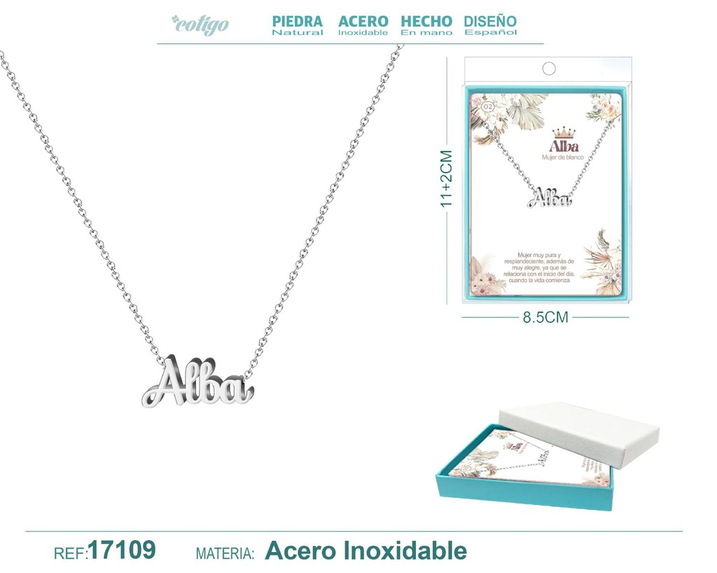 Collar de acero plateado con nombre Alba - Joyas personalizadas