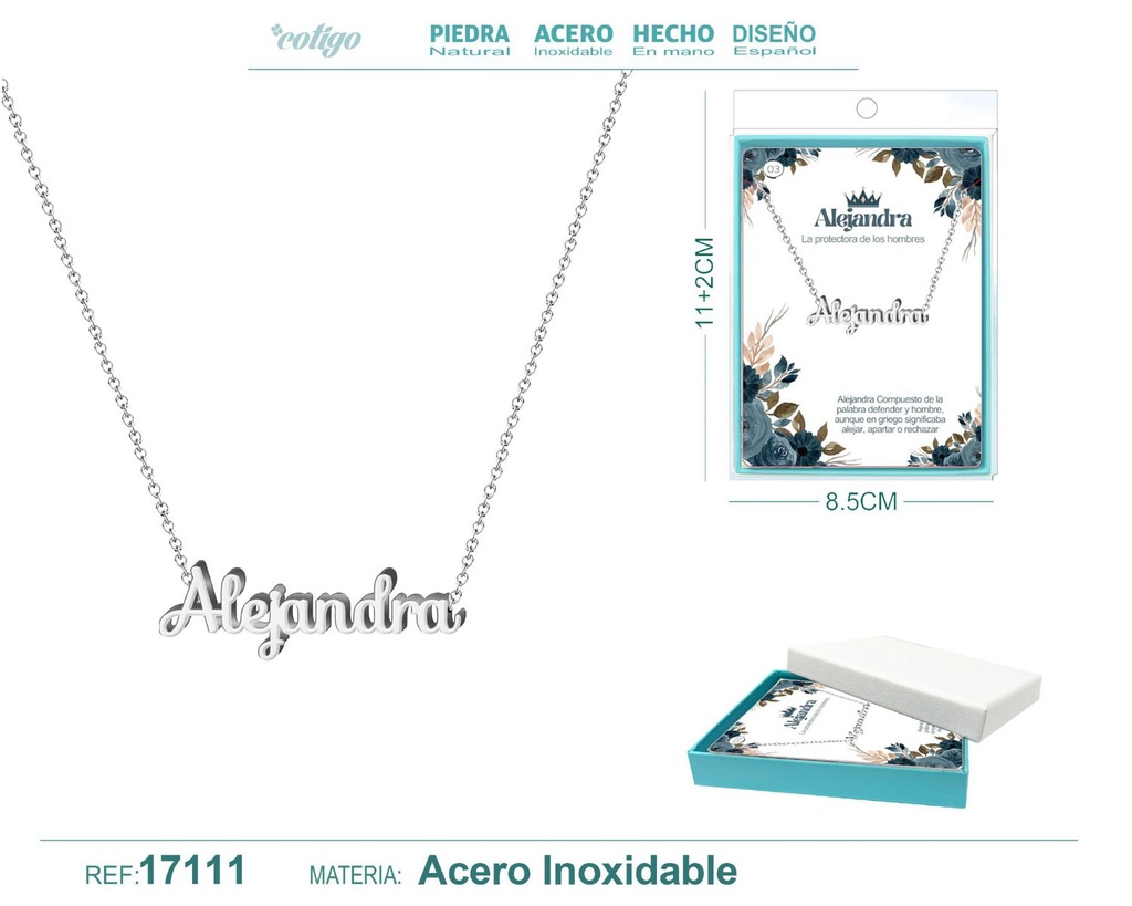 Collar de acero plateado con nombre Alejandra - Joyas personalizadas