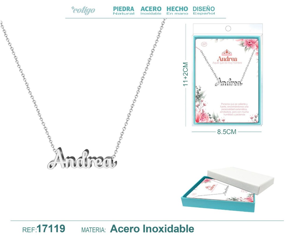 Collar de acero plateado con nombre Andrea - Joyas personalizadas