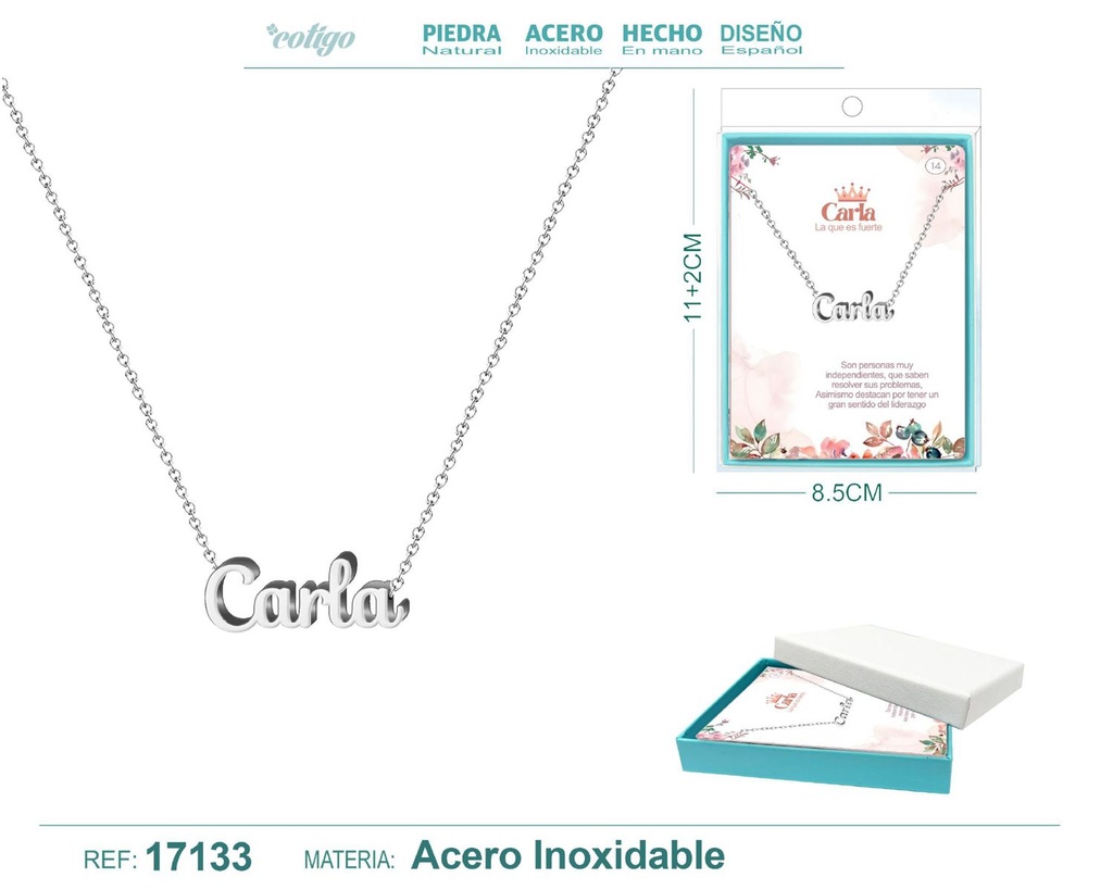 Collar de acero plateado con nombre Carla - Joyas personalizadas