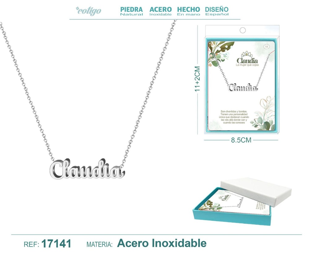 Collar de acero plateado con nombre Claudia - Joyas personalizadas