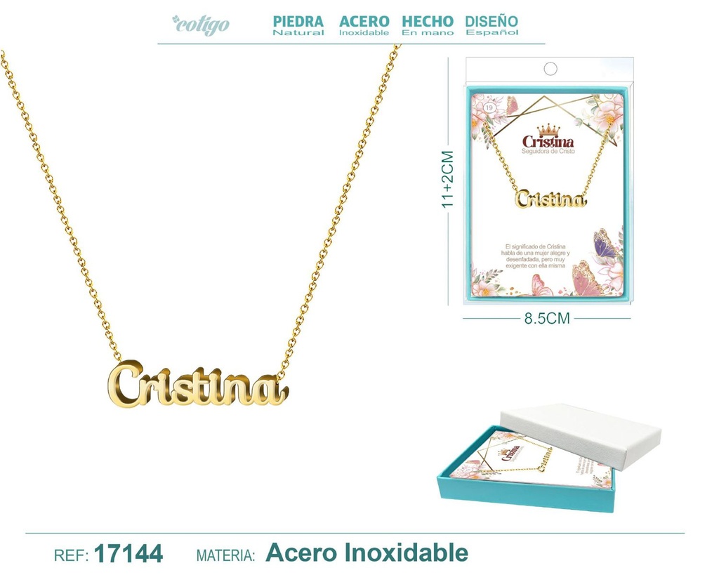 Collar de acero dorado con nombre Cristina - Joyas personalizadas
