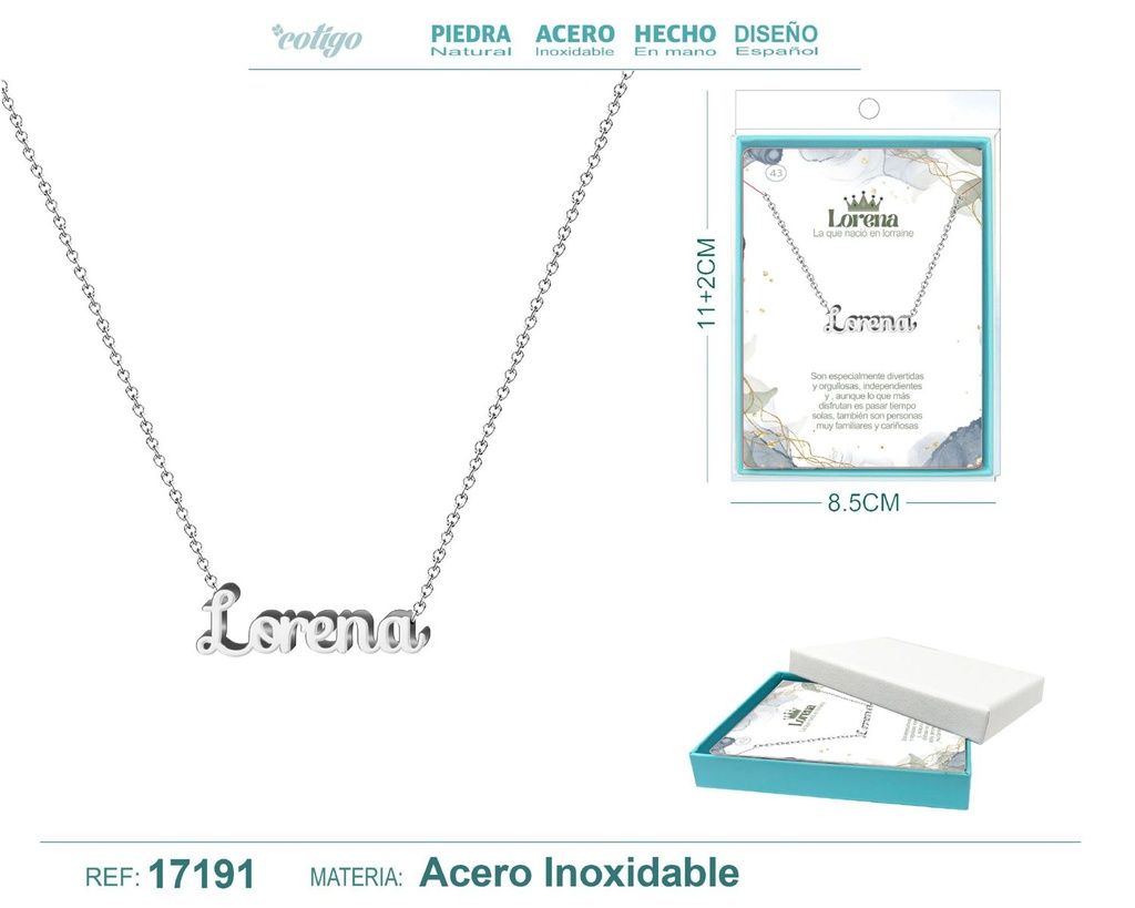 Collar de acero plateado con nombre Lorena - Joyas personalizadas