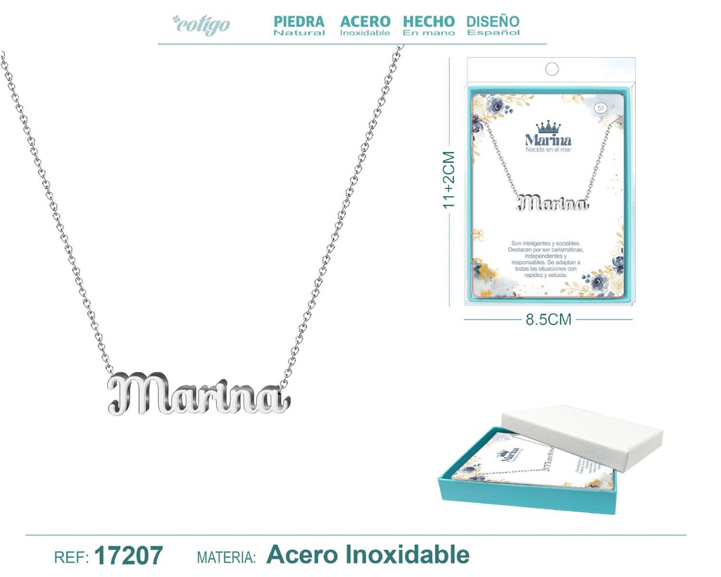 Collar de acero plateado con nombre Marina - Joyas personalizadas