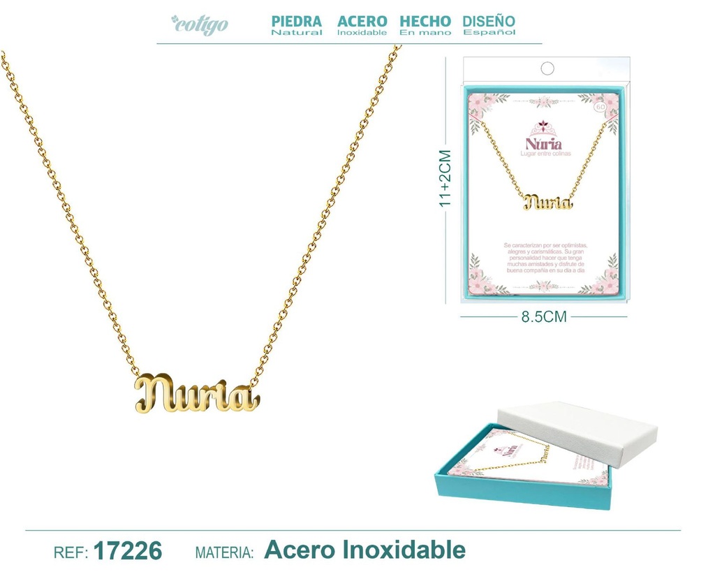 Collar de acero dorado con nombre Nuria - Joyas personalizadas