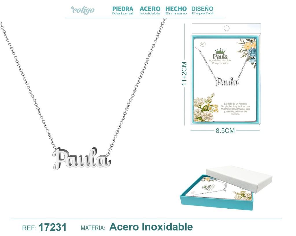 Collar de acero plateado con nombre Paula - Joyas personalizadas