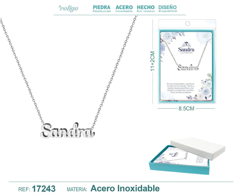 Collar de acero plateado con nombre Sandra - Joyas personalizadas