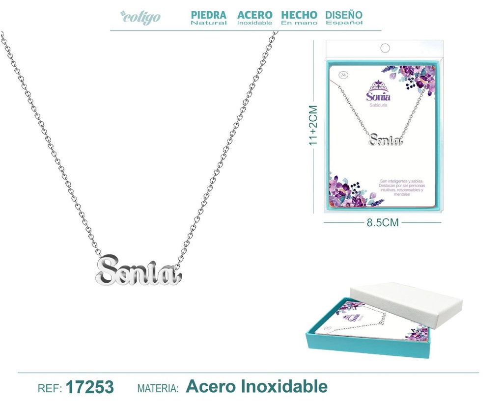 Collar de acero plateado con nombre Sonia - Joyas personalizadas