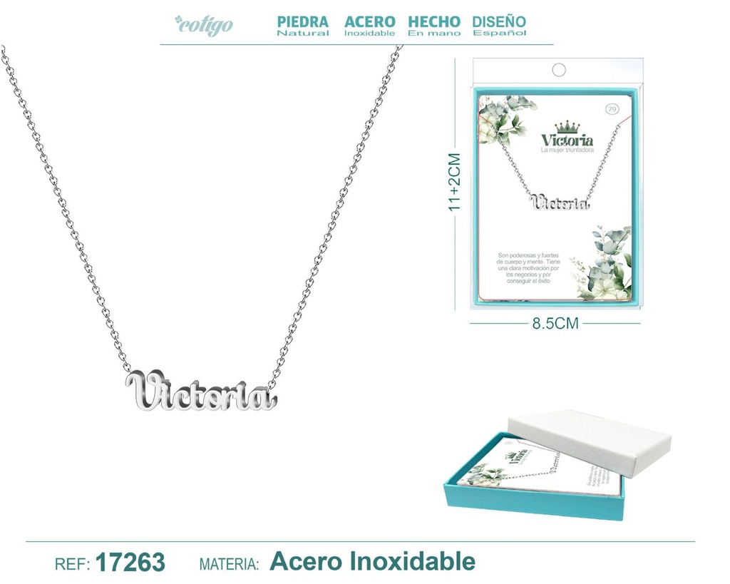 Collar de acero plateado con nombre Victoria - Joyas personalizadas