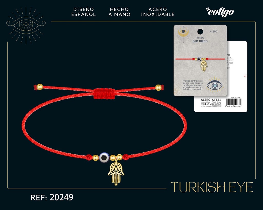 Pullsera de ojo turco de acero con cordón hilo encerado - Joyería y accesorios