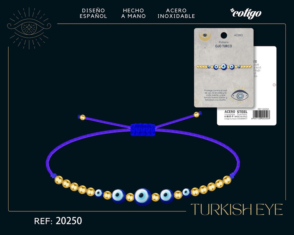 Pullsera de ojo turco de acero con cordón hilo encerado - Joyería y accesorios
