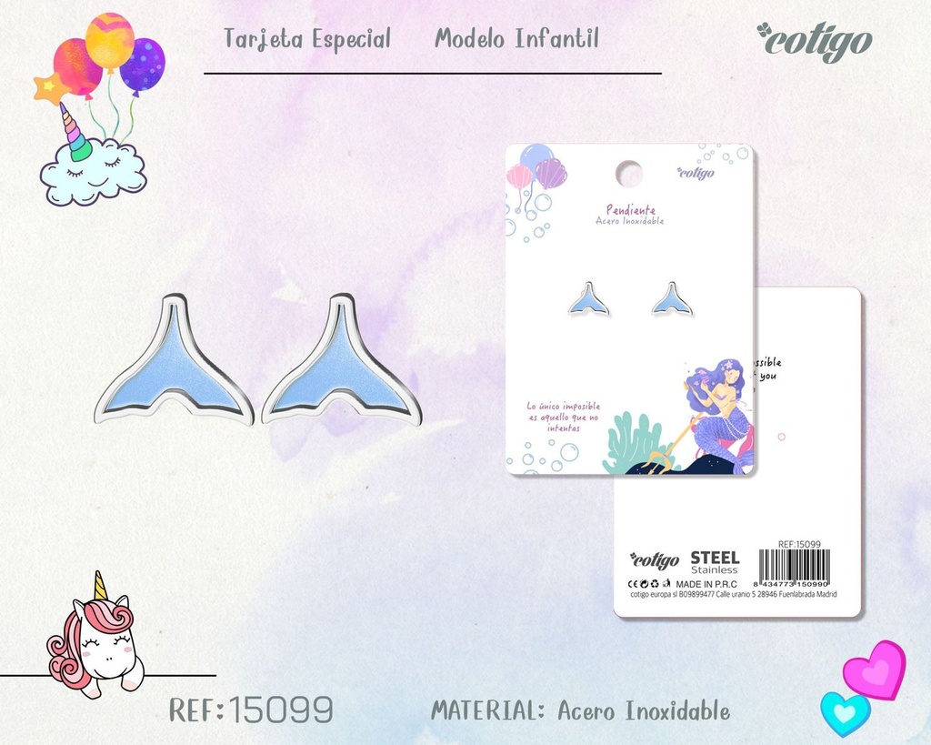 Pendiente para niña de acero color plateado - Joyería infantil