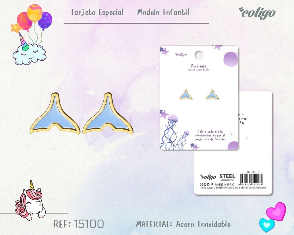 Pendiente para niña de acero color dorado - Joyería infantil