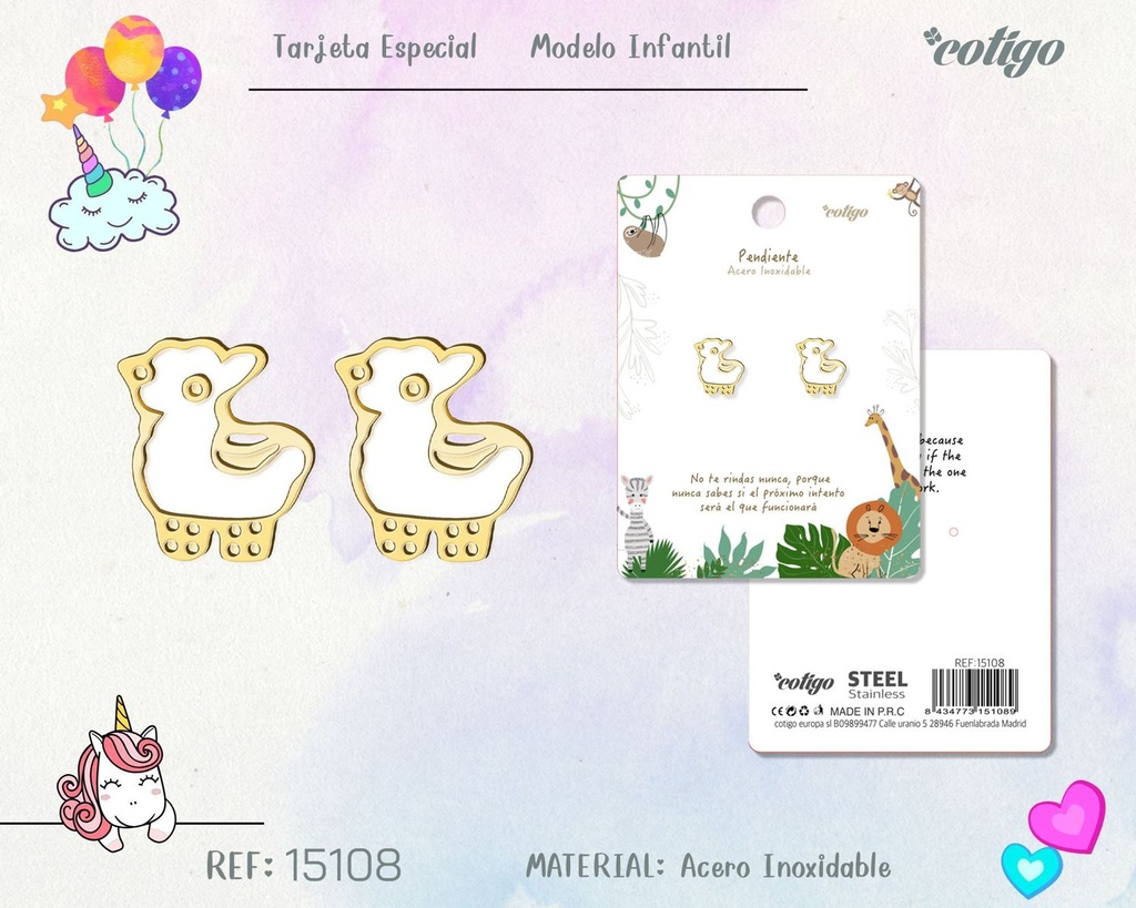 Pendiente para niña de acero color dorado - Joyería infantil