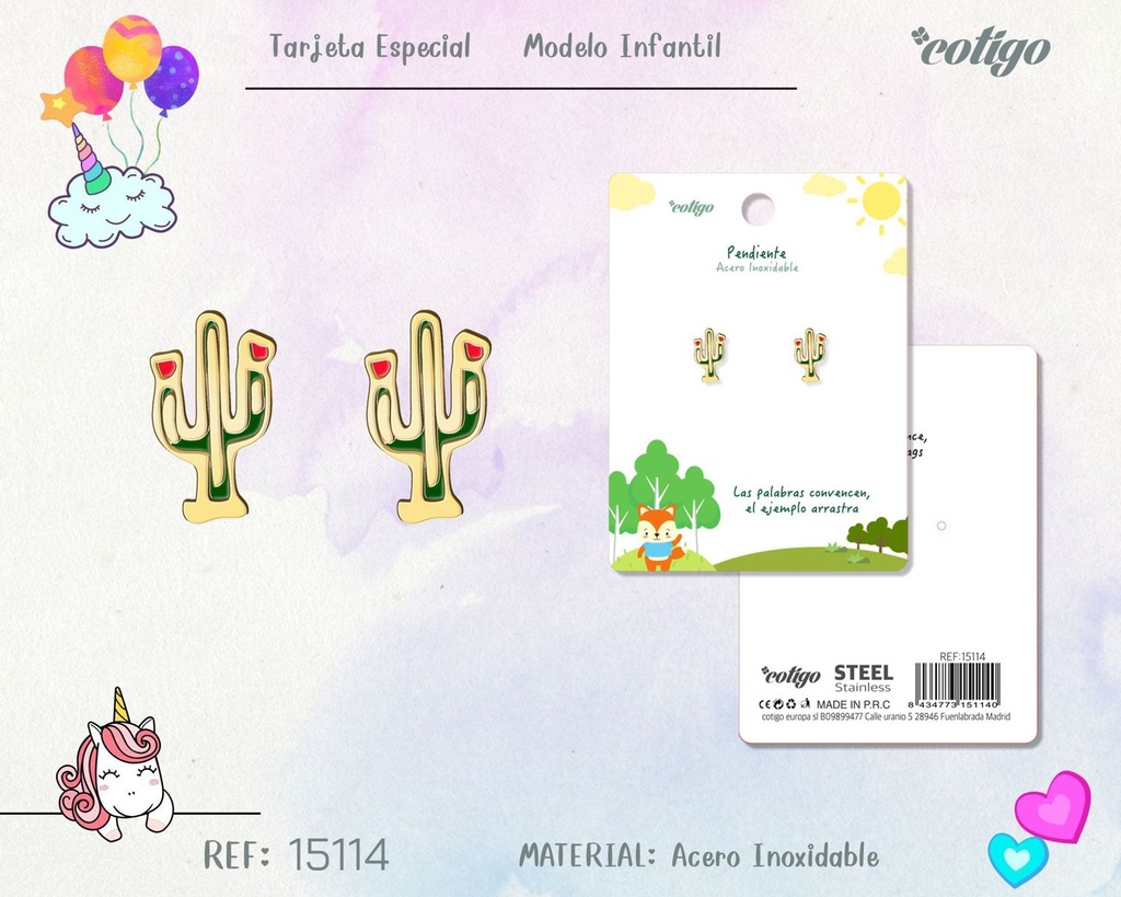 Pendiente para niña de acero color dorado - Joyería infantil