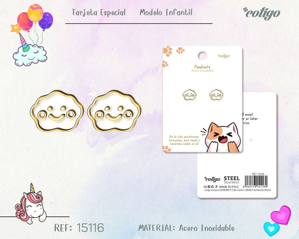 Pendiente para niña de acero color dorado - Joyería infantil