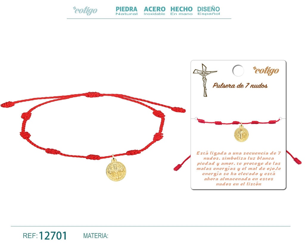 Pulsera de 7 nudos San Benito en color dorado - Joyería religiosa y espiritual