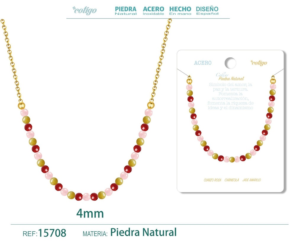 Collar de carneola, jade amarillo y cuarzo rosa de 4 mm - Joyería de moda y collares