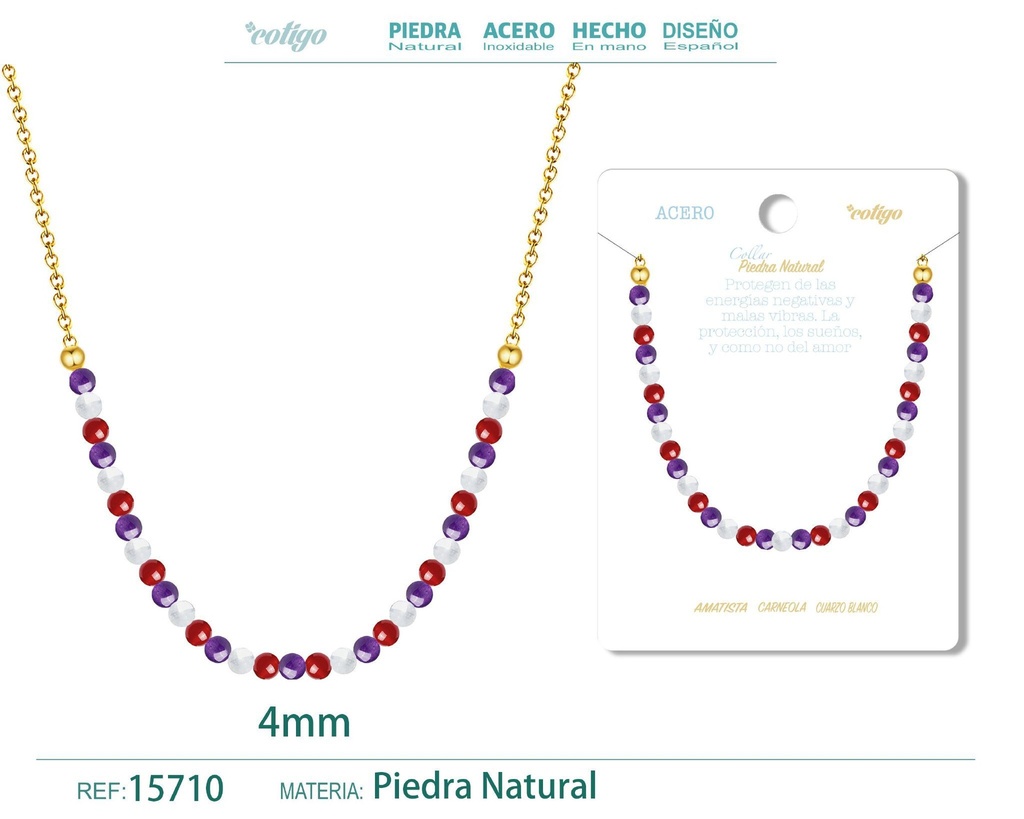 Collar de carneola, amatista y cuarzo blanco de 4 mm - Joyería de moda y collares
