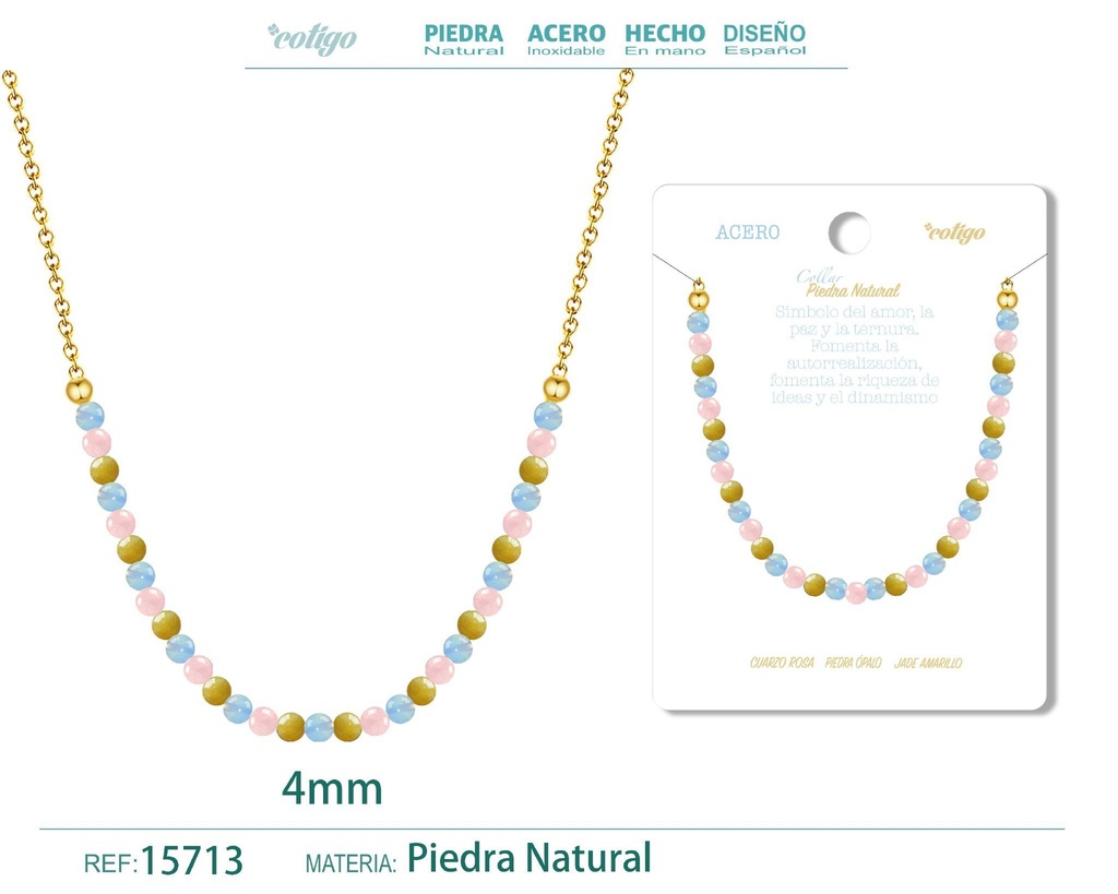 Collar de jade amarillo, cuarzo rosa y opalina de 4 mm - Joyería de moda y collares