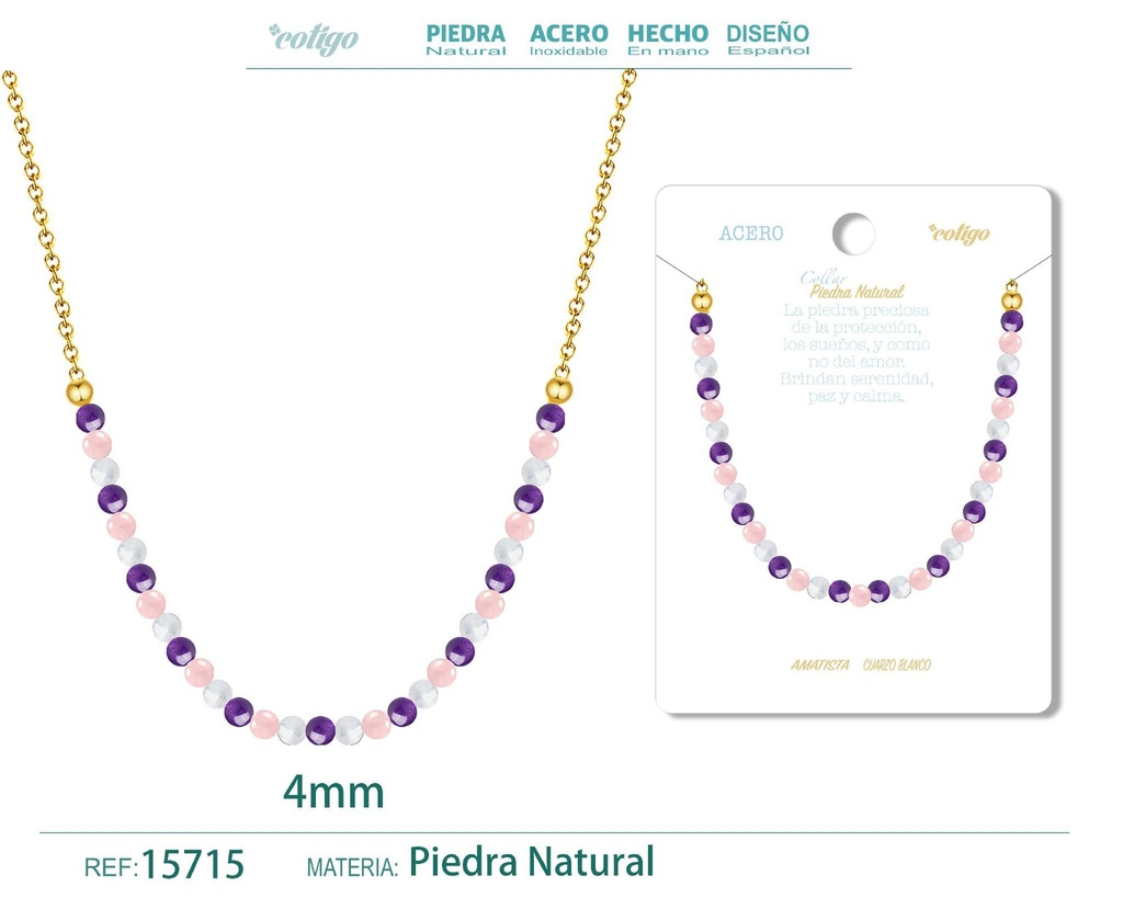 Collar de cuarzo rosa, amatista y cuarzo blanco de 4 mm - Joyería de moda y collares
