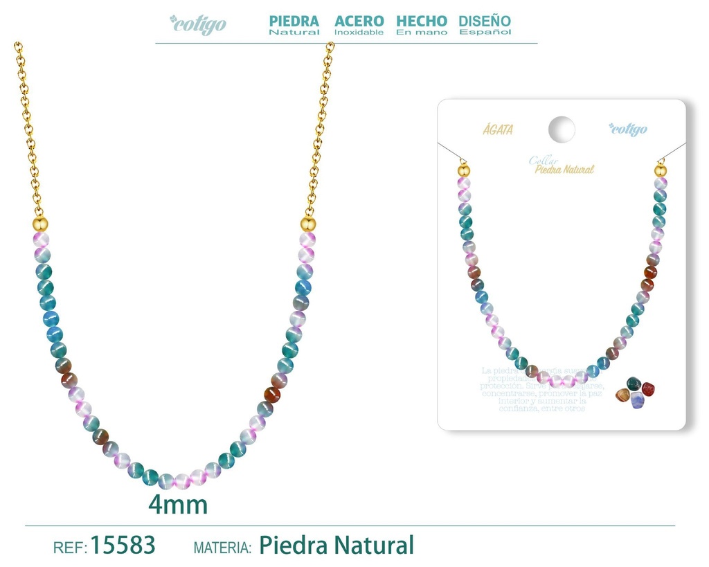 Collar de ágata 4 mm - Joyería de piedra natural y acero