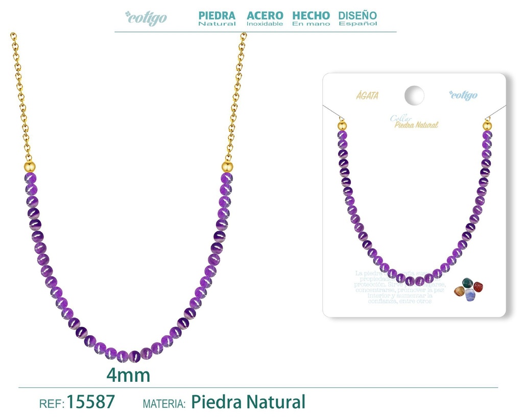 Collar de ágata 4 mm - Joyería de piedra natural y acero