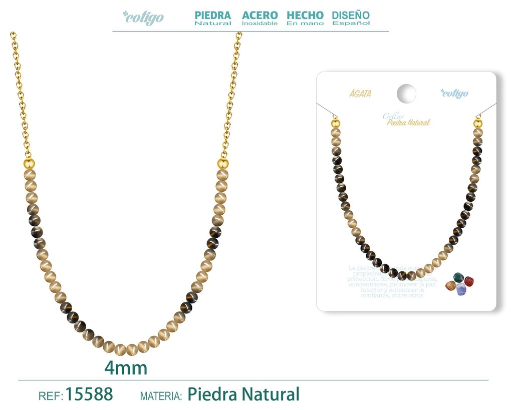 Collar de ágata 4 mm - Joyería de piedra natural y acero