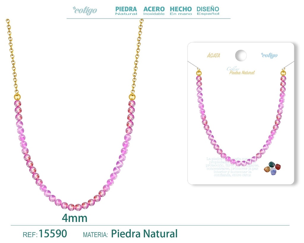 Collar de ágata 4 mm - Joyería de piedra natural y acero