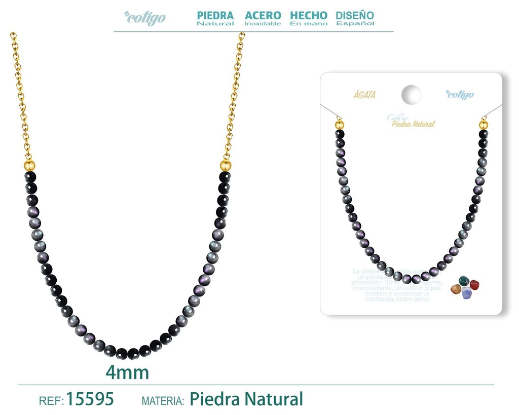 Collar de obsidiana 4 mm - Joyería de piedra natural y acero
