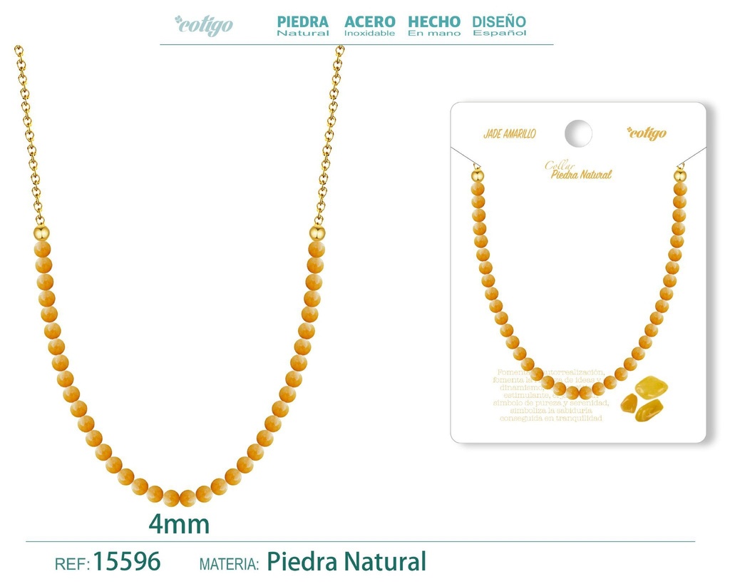 Collar de jade amarillo 4 mm - Joyería de piedra natural y acero