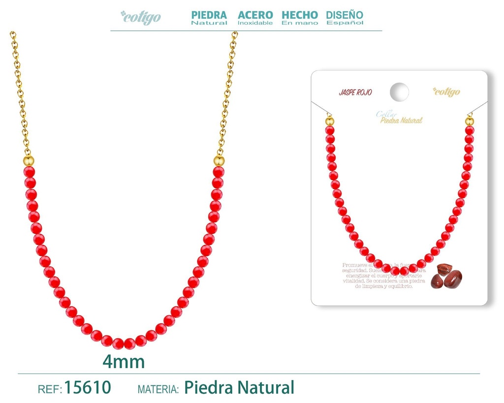 Collar de jaspe rojo 4 mm - Joyería de piedra natural y acero